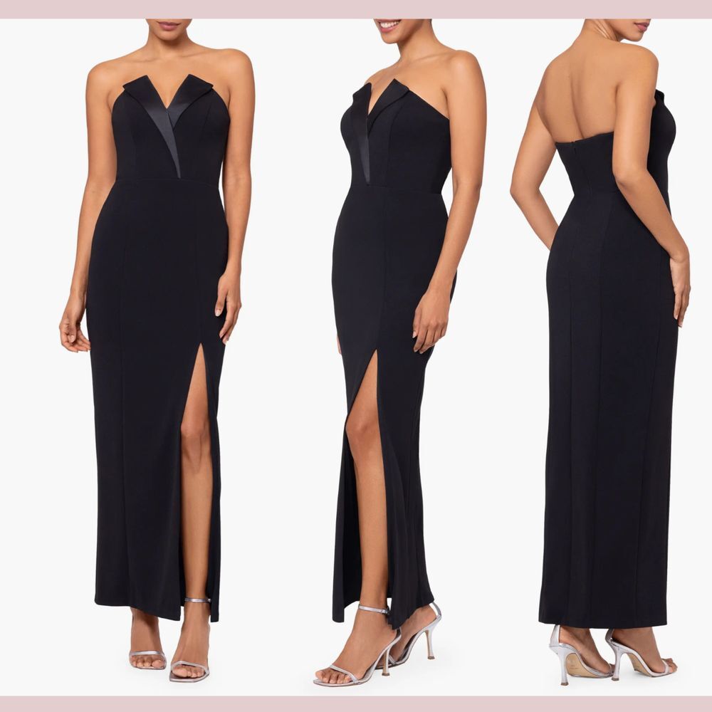 NEW $239 Betsy & Adam [ 14‎ ] Tuxedo Tux Detail Strapless Column Gown Black
